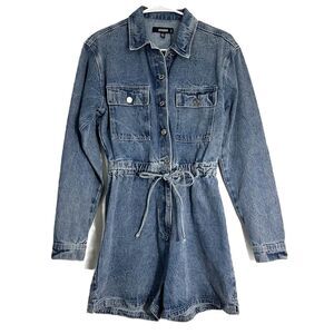 Missguided Denim Belted Romper Women's 4 - Long Sleeve Jean Playsuit NWOT Blue